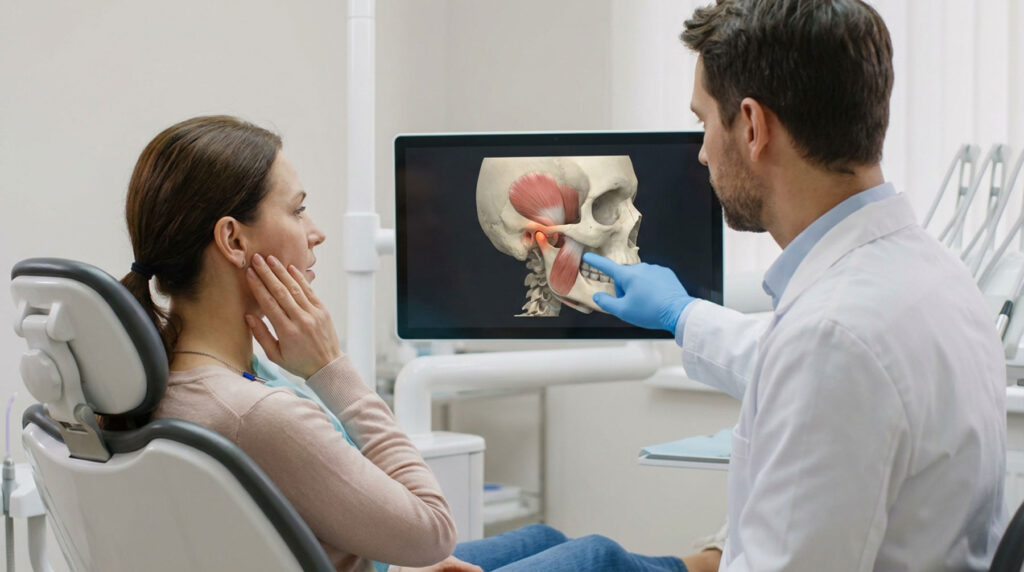 Dentist evaluating jaw alignment during a TMJ consultation