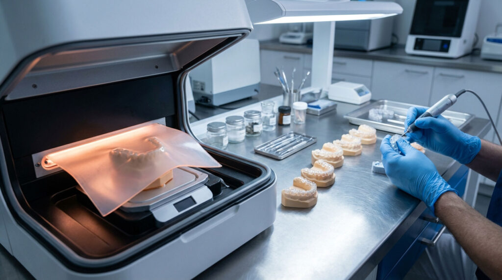 Series of clear Invisalign aligners designed to move teeth gradually