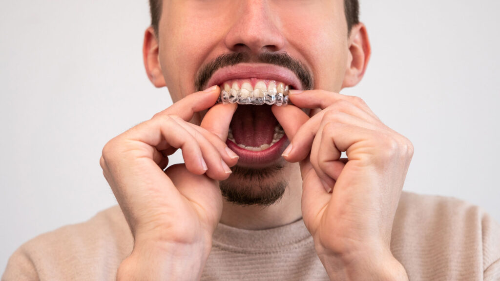 Patient smiling while holding clear aligners during an Invisalign consultation