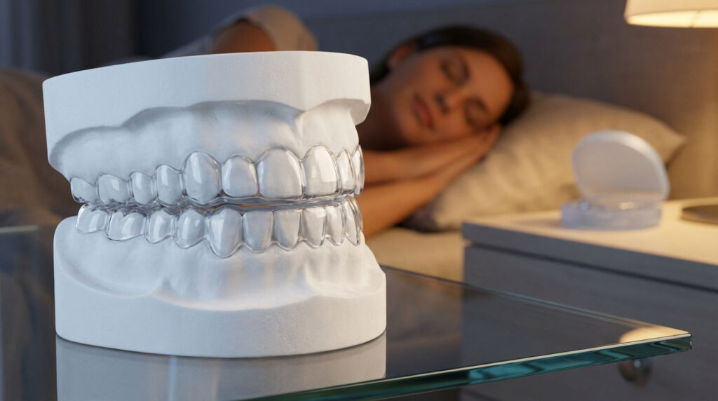 
Custom night guard used to reduce teeth grinding and TMJ strain
