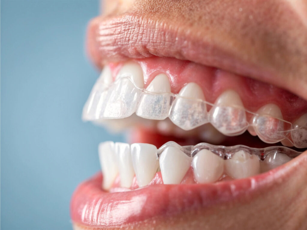 Person removing clear aligners before eating to maintain recommended daily wear time