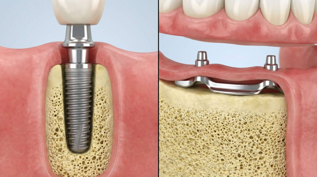 Implant-supported dentures providing improved stability for eating and speaking