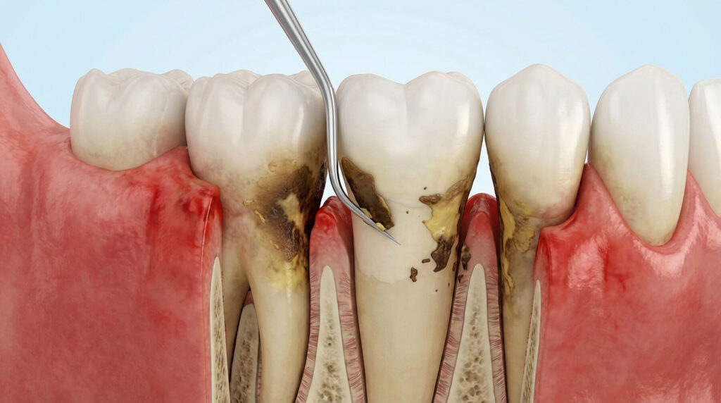 Illustration of gum pockets showing plaque buildup below the gumline