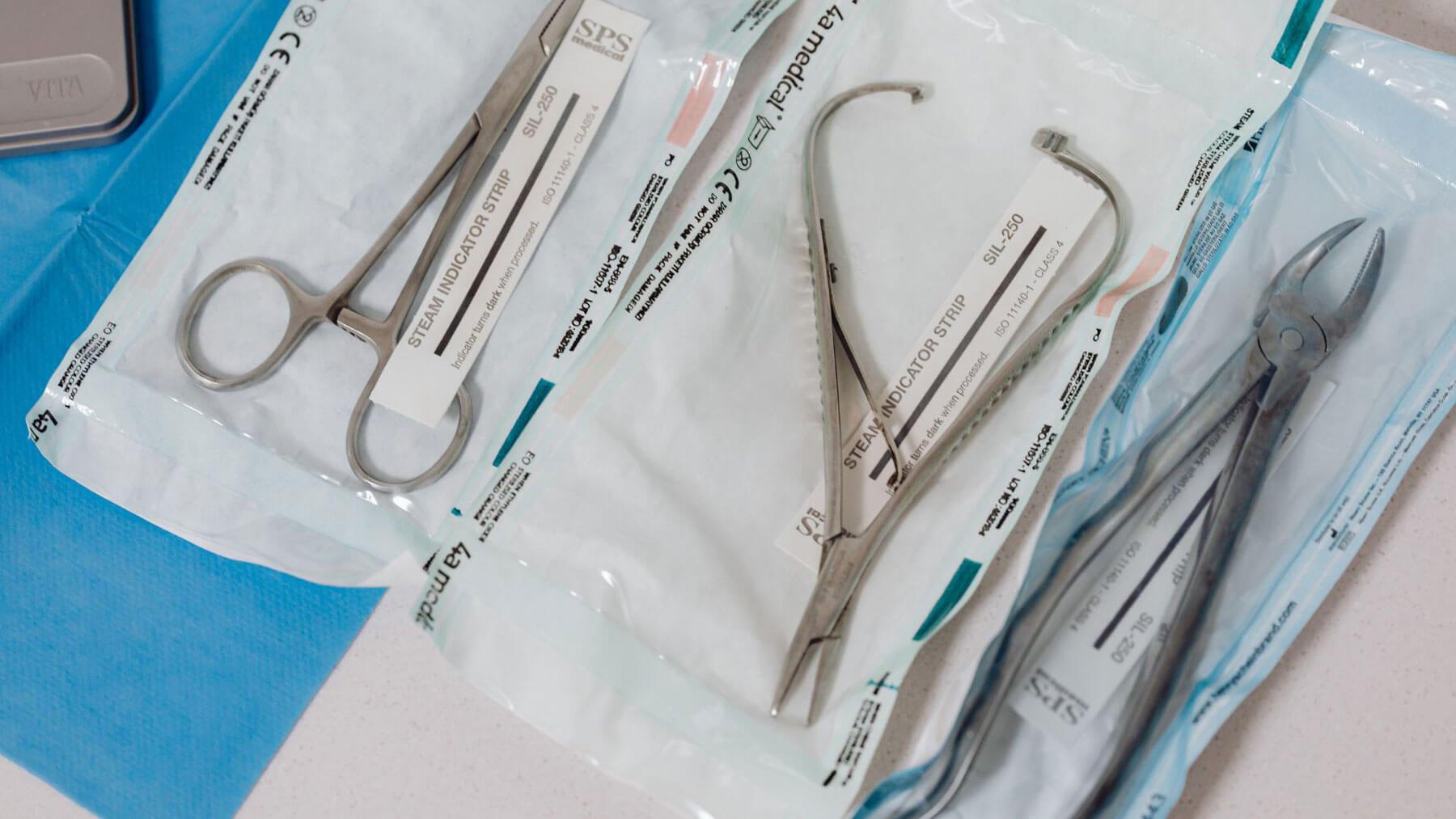 Dental instruments arranged for wisdom tooth extraction procedure (non-graphic)