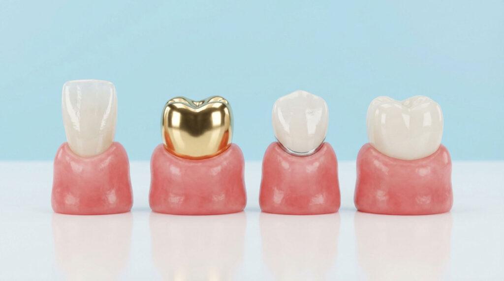 Common Materials in a crown porcelain, ceramic, zirconia, E.max, PFM, and metal